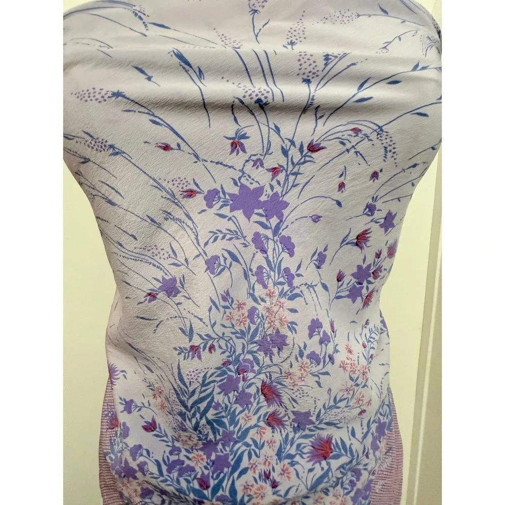 Vintage 90s Italy Pure Silk Lavender Floral Grid Oblong Scarf Wrap Bandana Top - Picture 3 of 6
